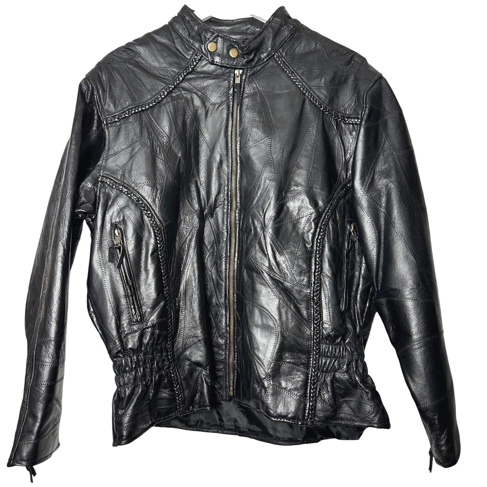 Vintage Diamond Plate Patchwork Leather Biker Jacket Black Braided Racer Women L
